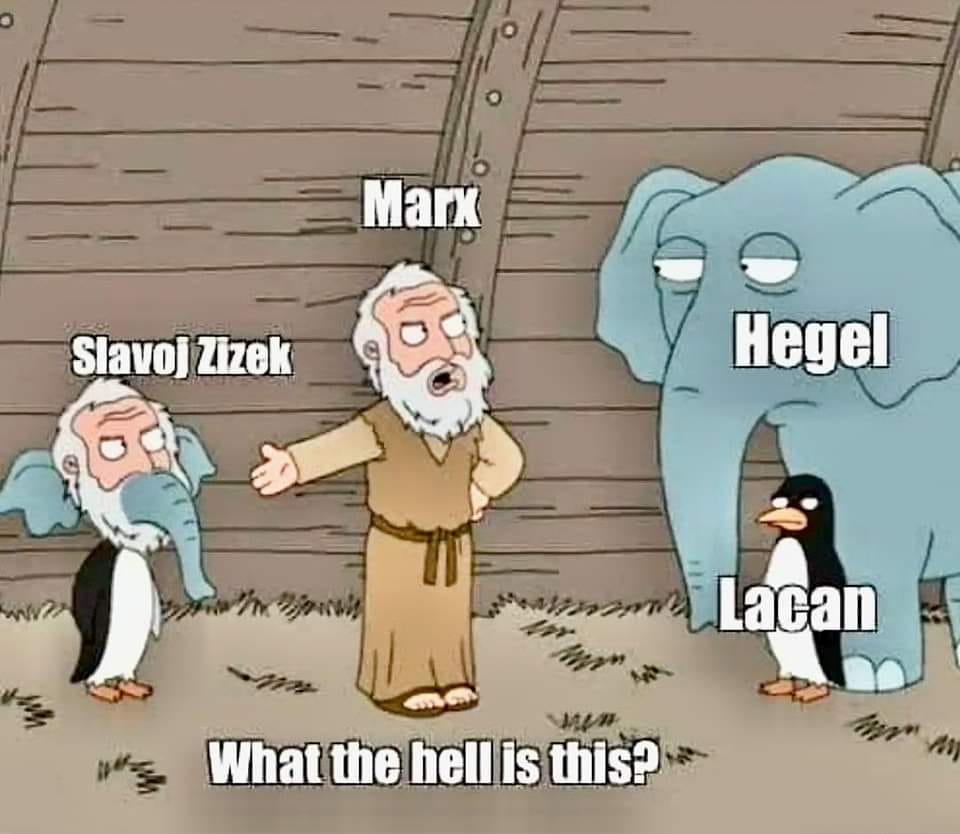 This meme is a humorous take on the classic biblical story of Noah's Ark, but with a philosophical twist. The image shows a cartoon version of Noah's Ark with various famous philosophers, including Marx, Nietzsche, and Lacan, instead of animals. The text reads: "In the beginning, God created the philosophers... and then, there was darkness."
